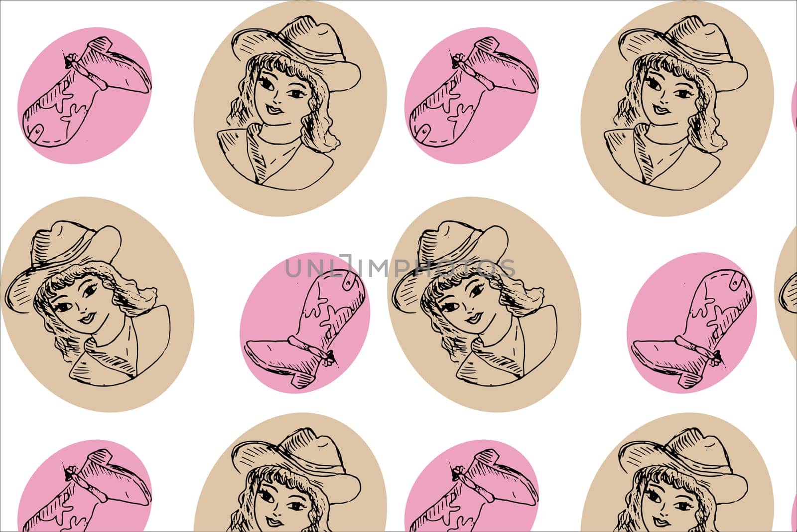 outline sketch pattern cowgirl and boots on color rounds . Vector illustration in vintage style. Can used for wrapping paper, textile, wallpaper.