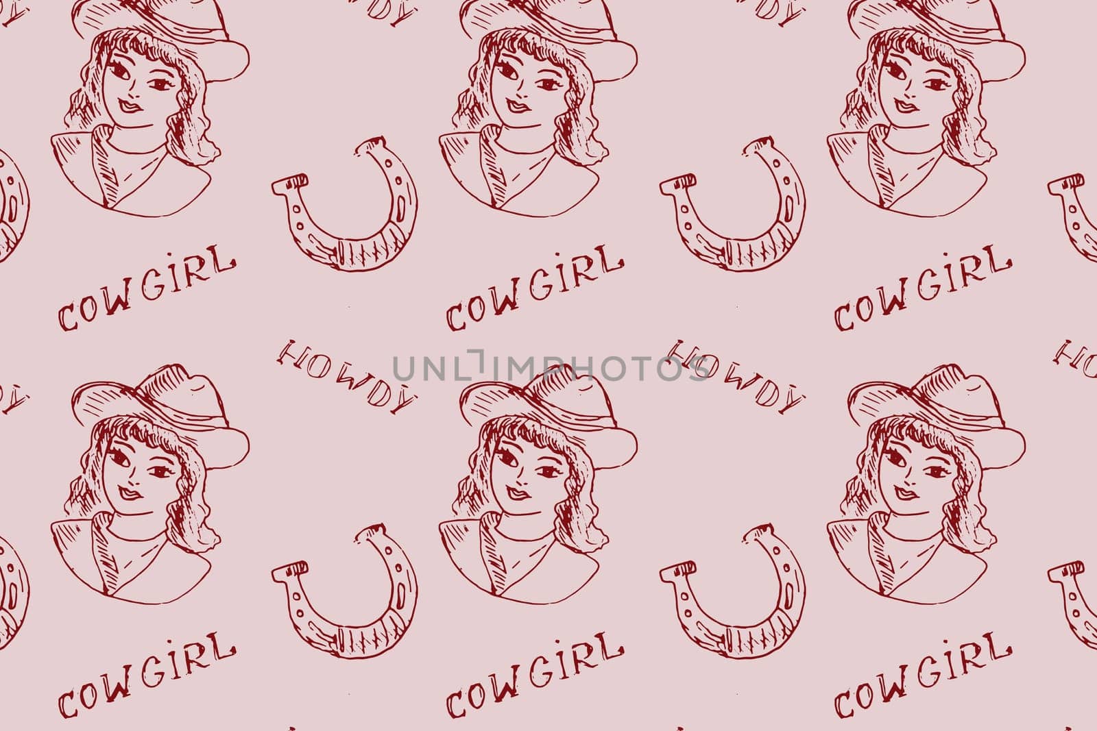 Wild west pattern with cowgirl, horseshoe and lettering. Vector illustration outline on pink background. Retro boho style. Can used for clothes, textile, fabric design. Hand drawn sketch cowgirl.
