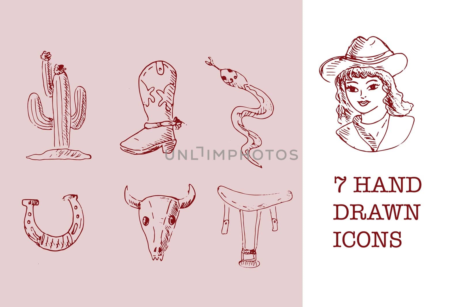 Hand drawn sketch outline wild west cowgirl icons. Vector illustration in vintage style. Vector set included cactus, cowgirl, boot, snake, horseshoe, skull of animal, saddle.