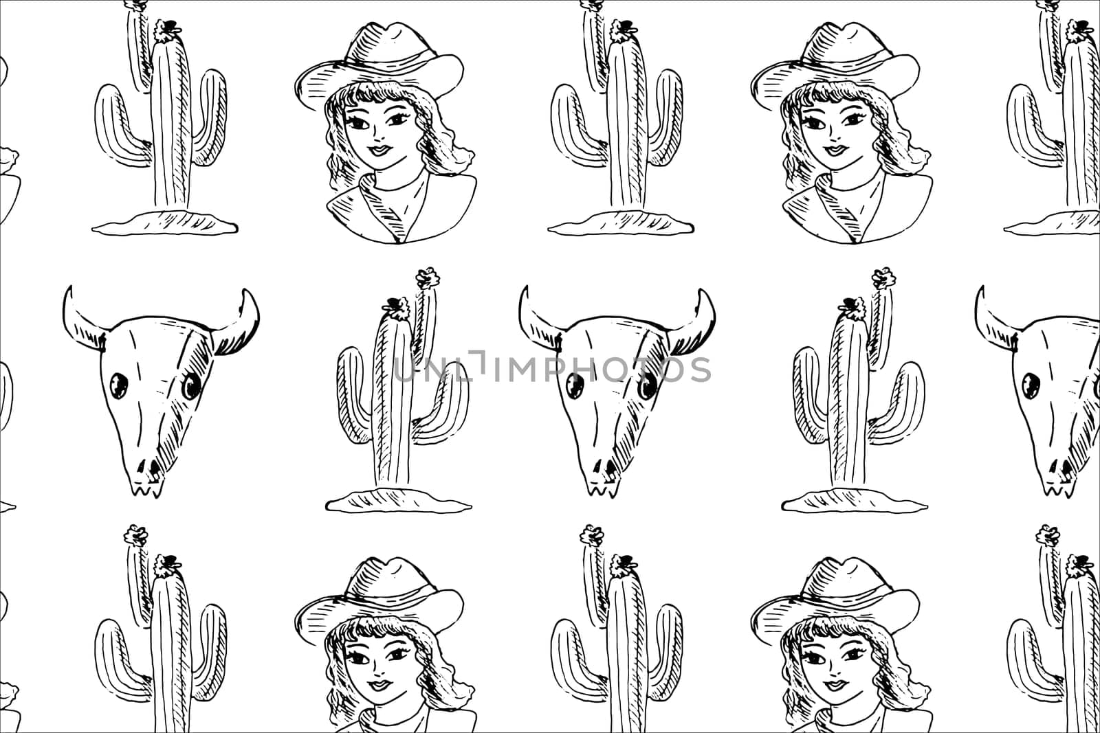 wild west seamless background with cowgirl, cactus. skull of animal. Vector illustration in Hand drawn sketch style. Can used for clothes print, textile, wallpaper. Retro vintage sketch of cowgirl.