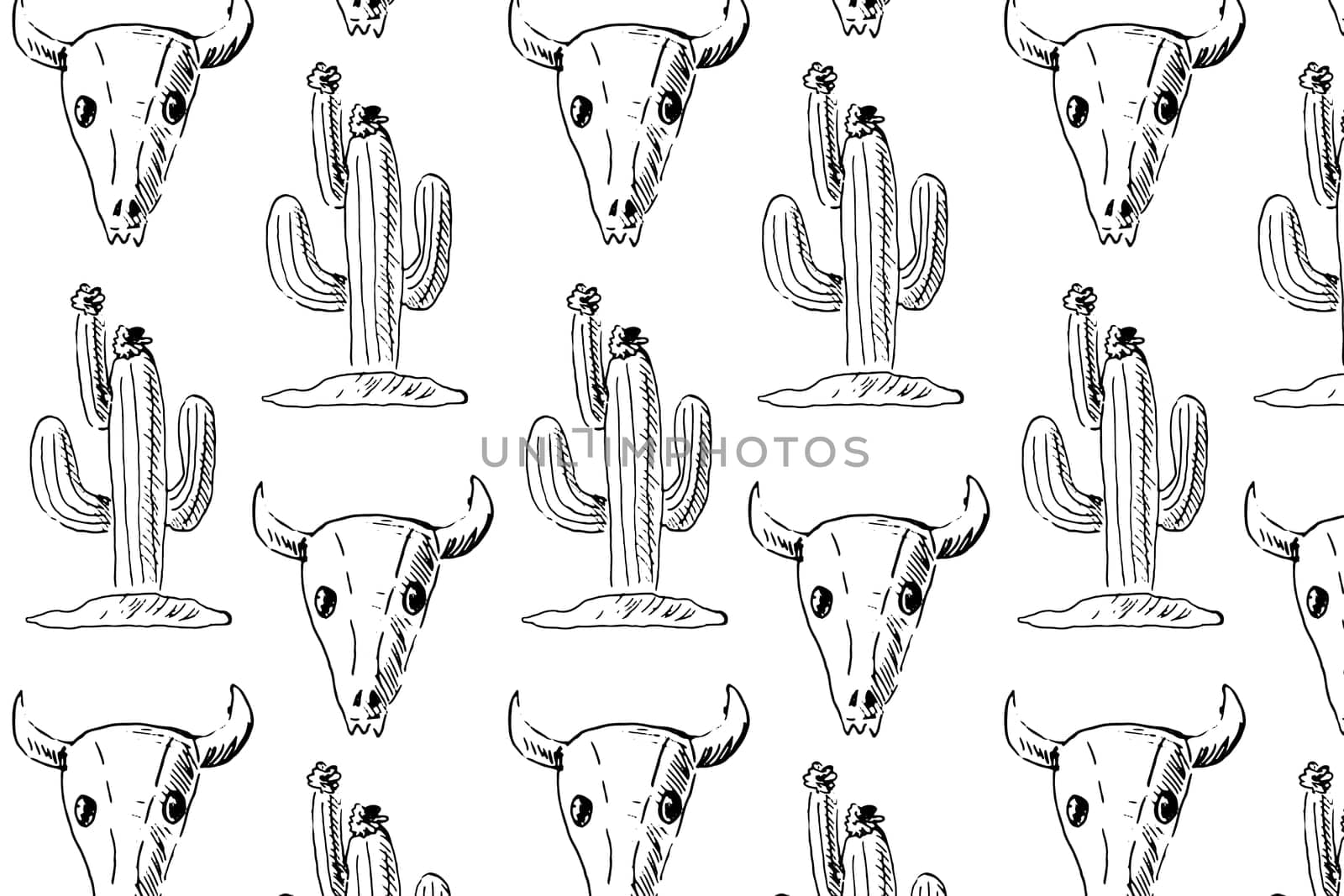 seamless pattern wild west cactus and skull of animal. Vector illustration in hand drawn sketch. Can used for textile, print for sublimation, card, wallpapers. Cowboy pattern in retro style.