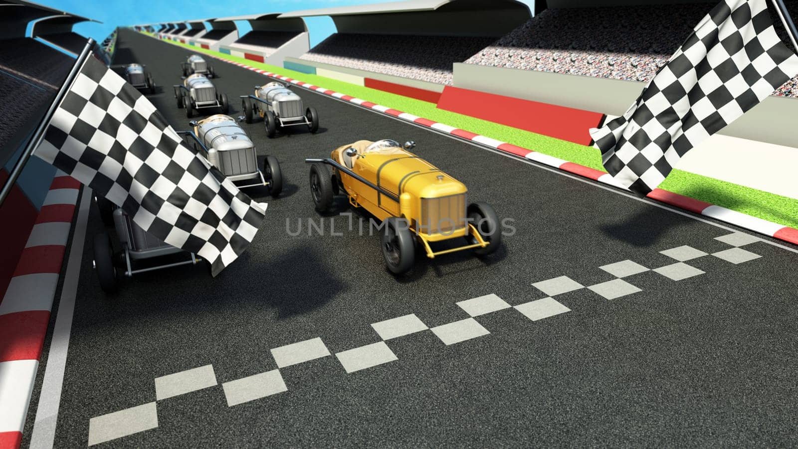Retro race cars in start line. 3D illustration.