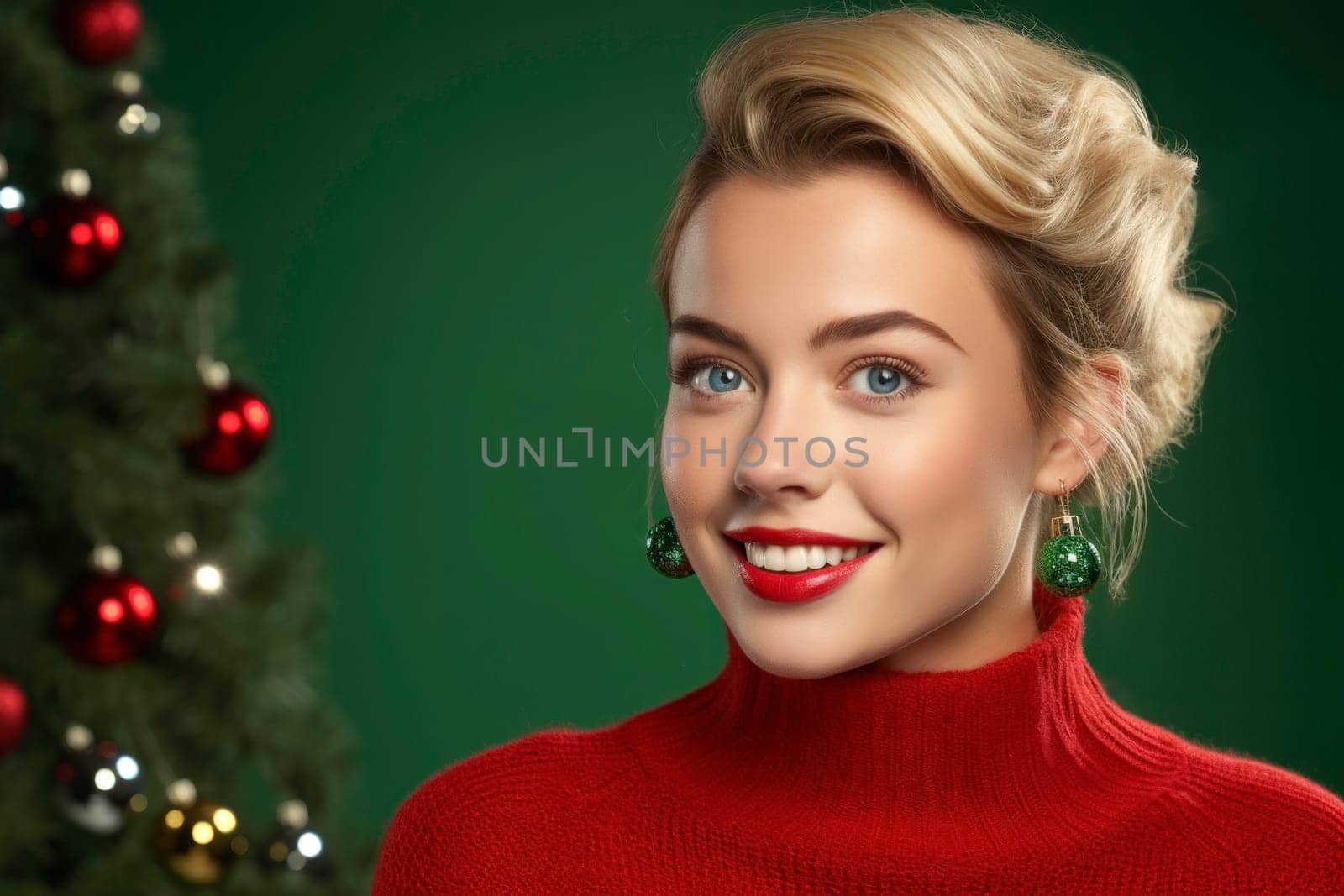 Merry Christmas. Celebrating Christmas holiday. Portrait of young woman wearing red sweater and earrings in shape of Christmas ball over plain green background. Christmas time. Holiday concept