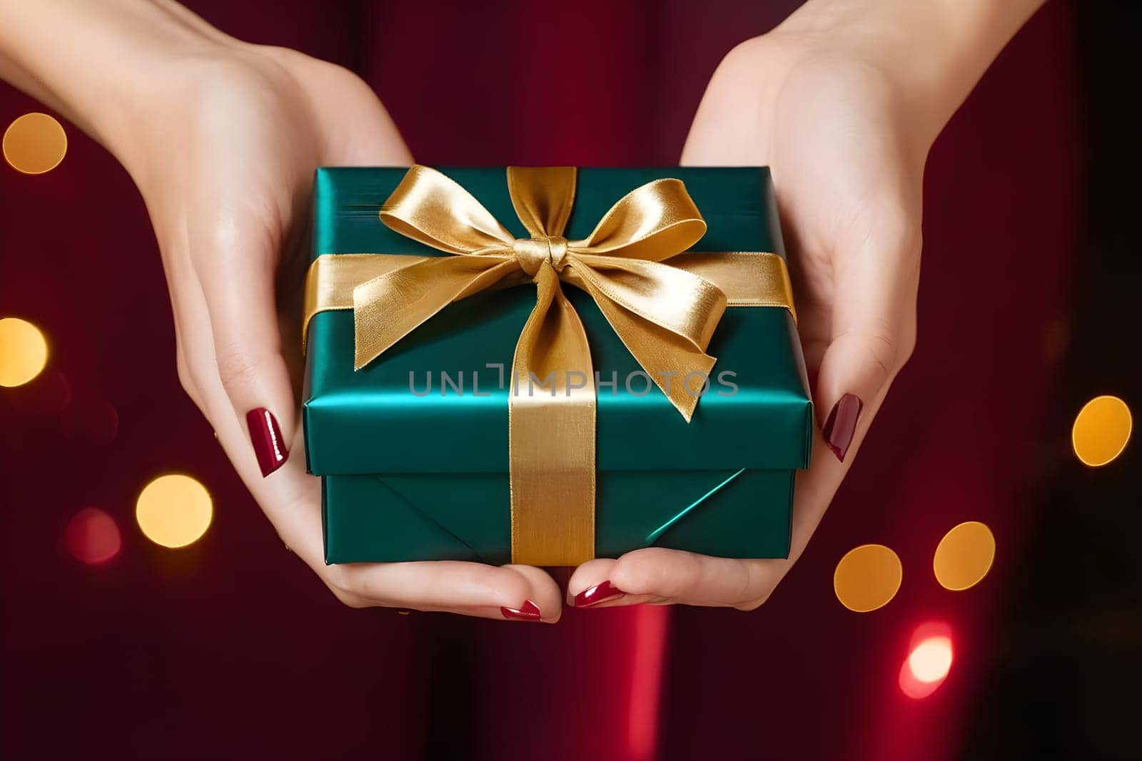 Hands holding a beautifully wrapped Christmas present with bows.