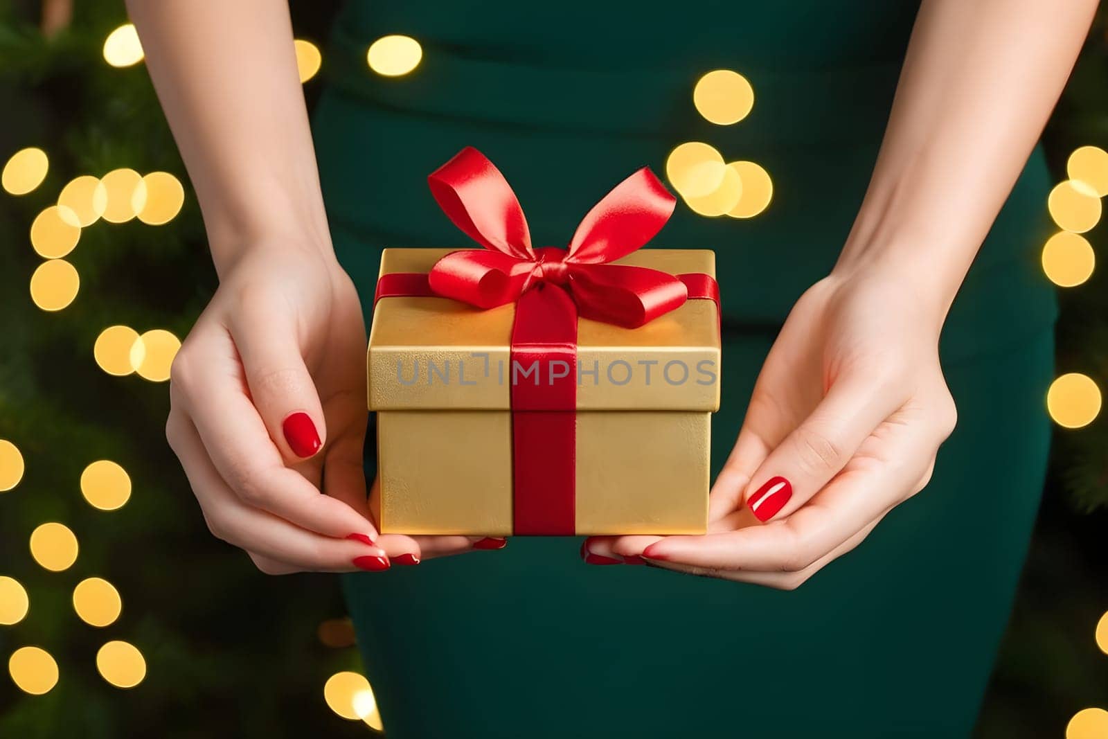 Hands holding a beautifully wrapped Christmas present with bows.