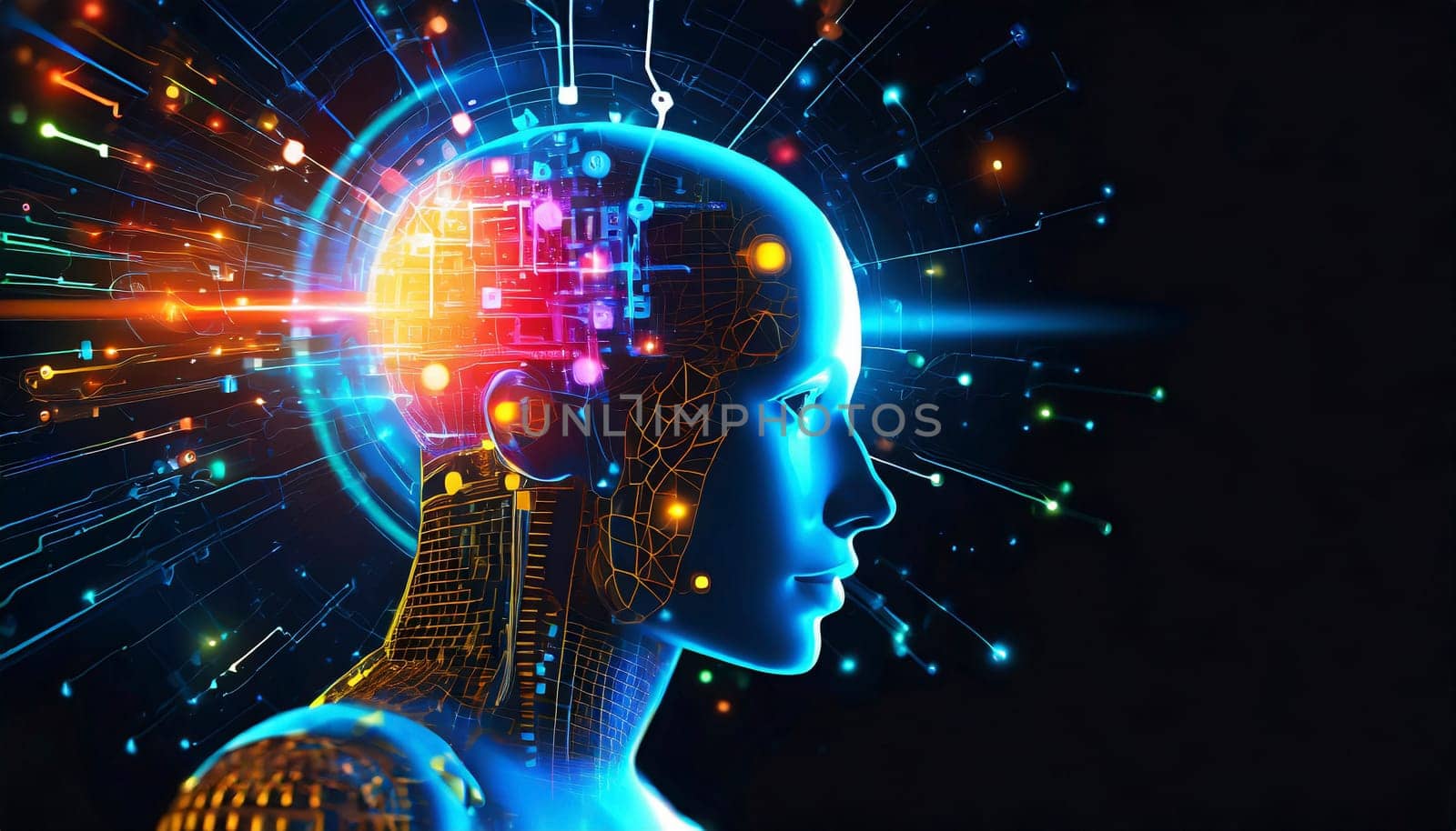 artificial intelligence concept with human head and circuit board. AI generated