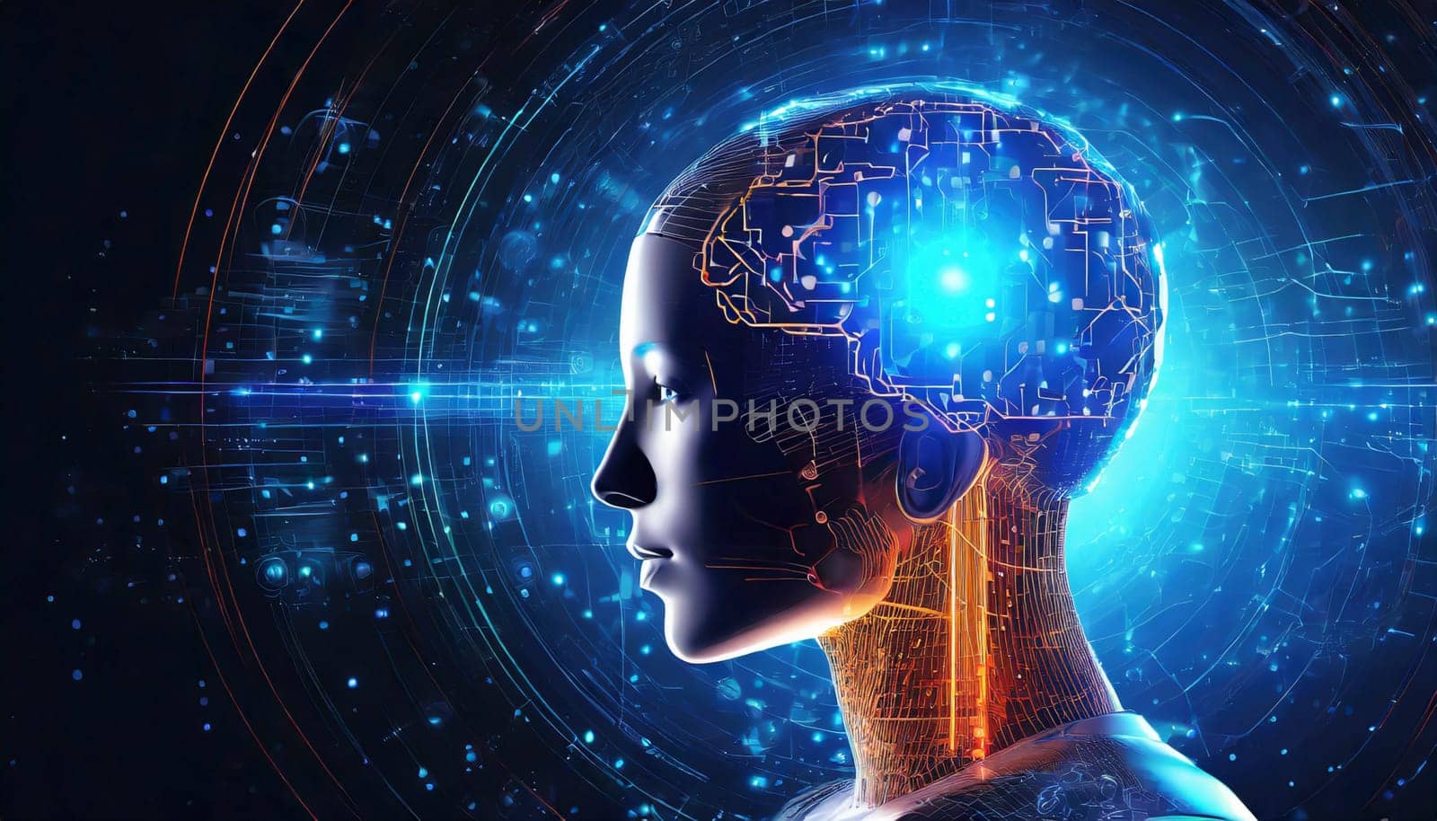 artificial intelligence concept with human head and circuit board. AI generated