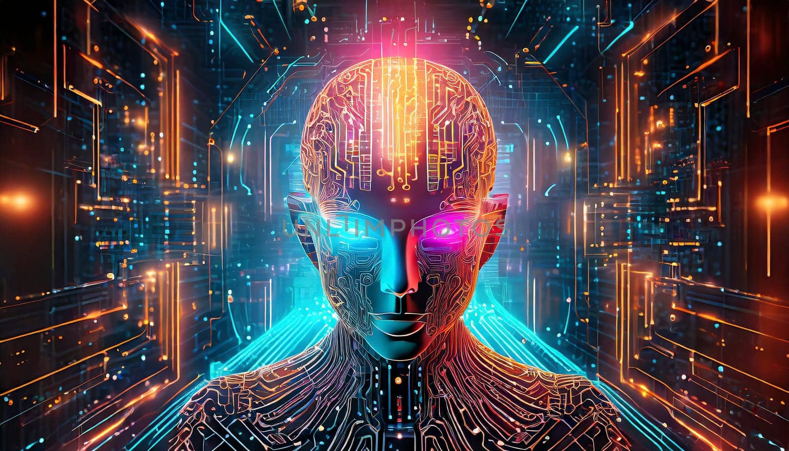 artificial intelligence concept with human head and circuit board. AI generated