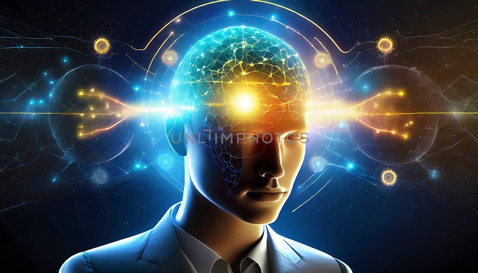 artificial intelligence concept with human head and circuit board. AI generated