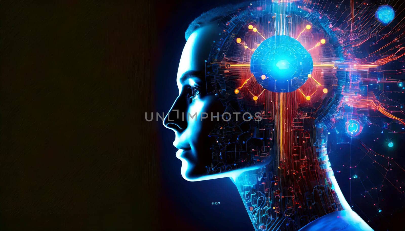 artificial intelligence concept with human head and circuit board. AI generated