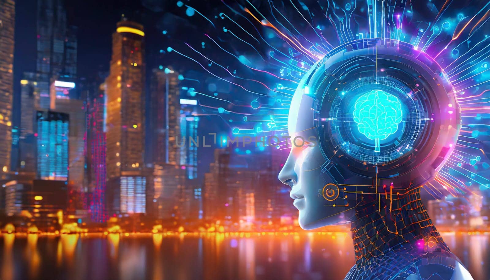 artificial intelligence concept with human head and circuit board. AI generated