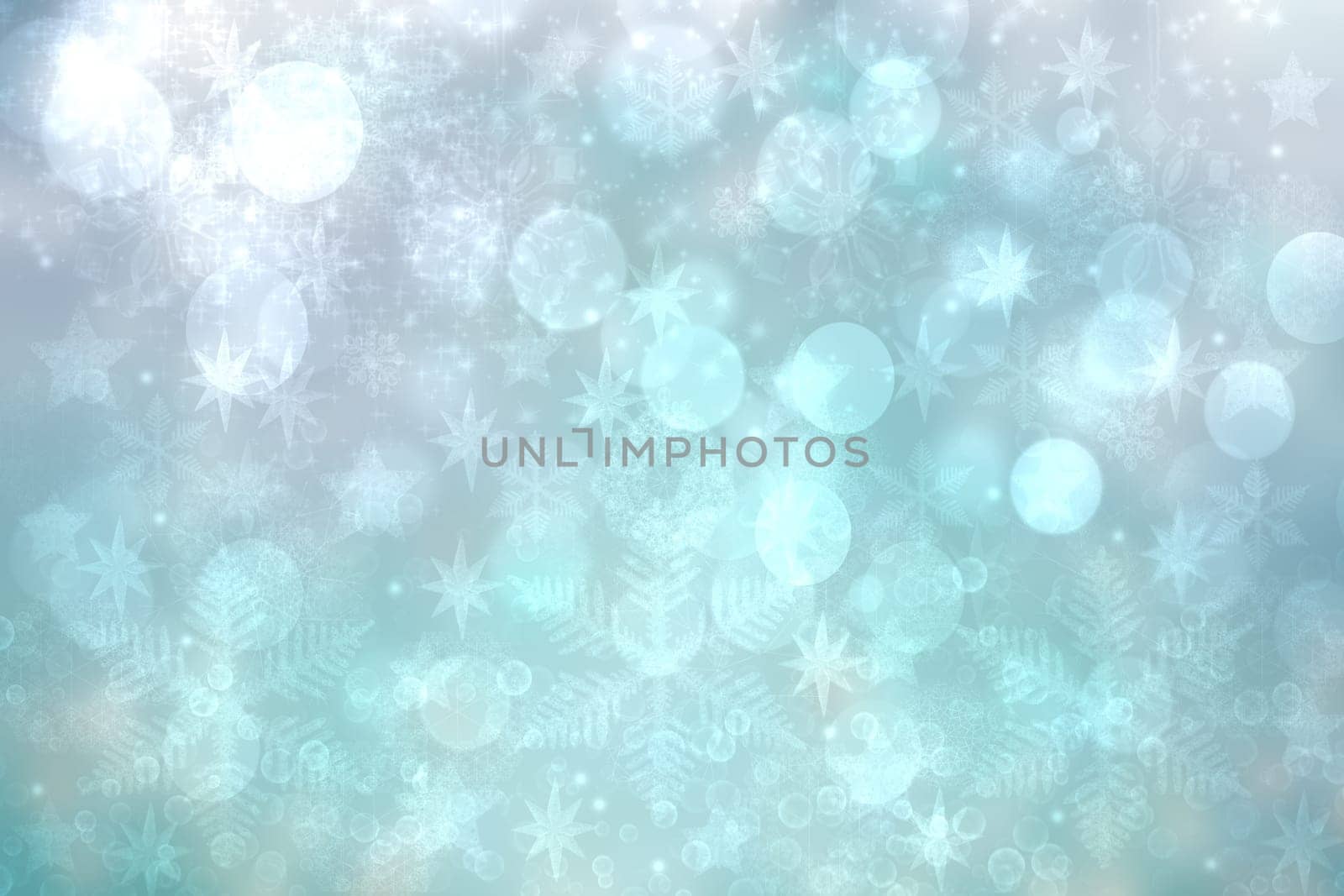 Christmas card template. Abstract festive natural light turquoise blue white winter christmas background texture with blue bokeh lighted snmowflakes, stars and a frame. Beautiful card design. Space.