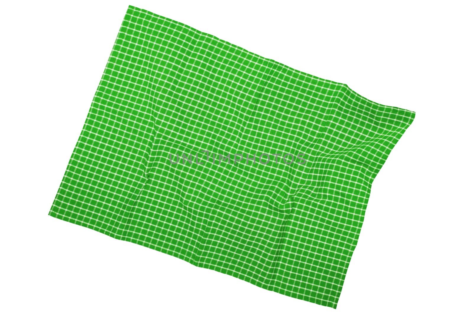 Closeup of a green and white checkered napkin or tablecloth texture isolated on white background. Kitchen accessories. Top view.
