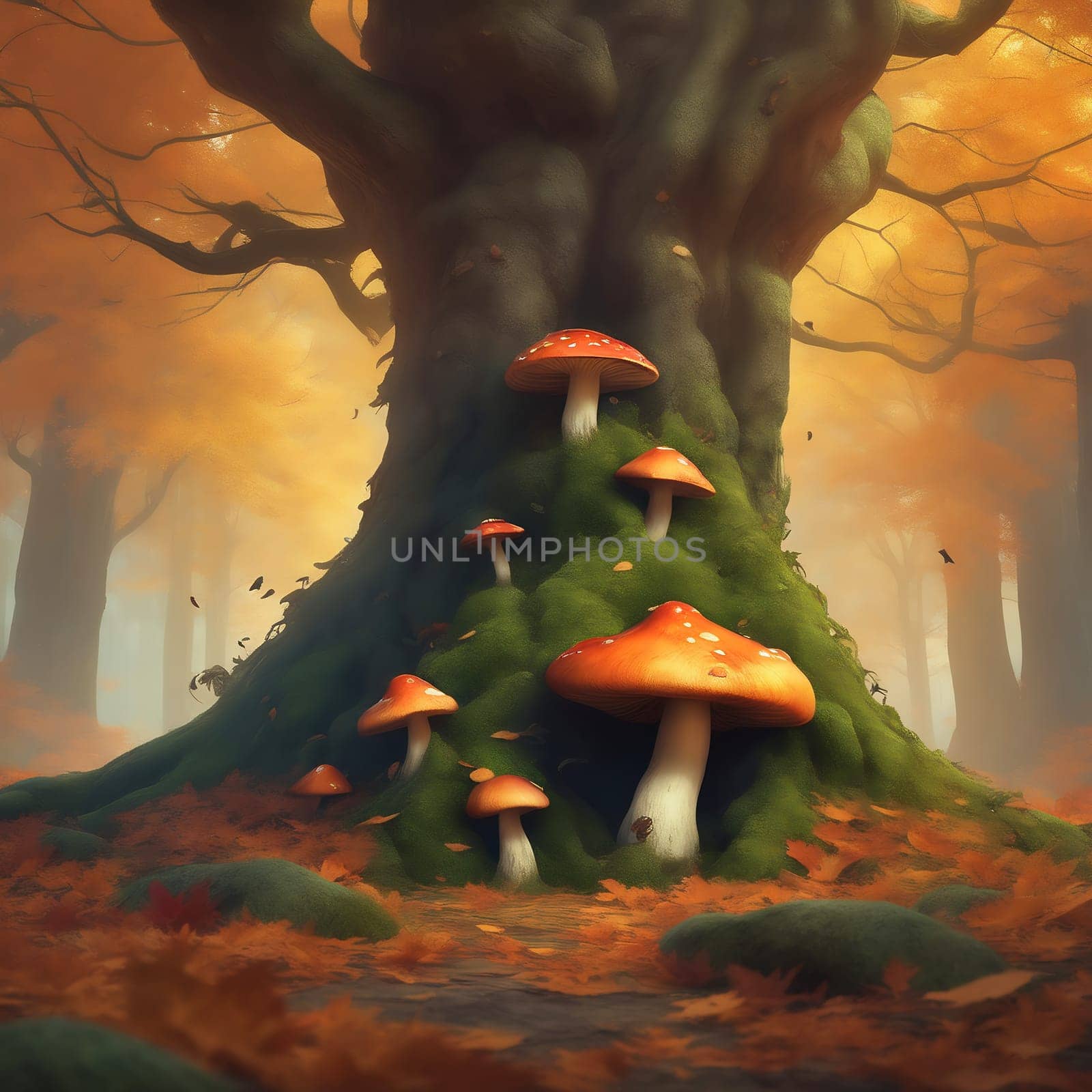 Enchanted forest with fantasy mushrooms. Green moss forest floor with enchanted trees. Mystical AI generated image