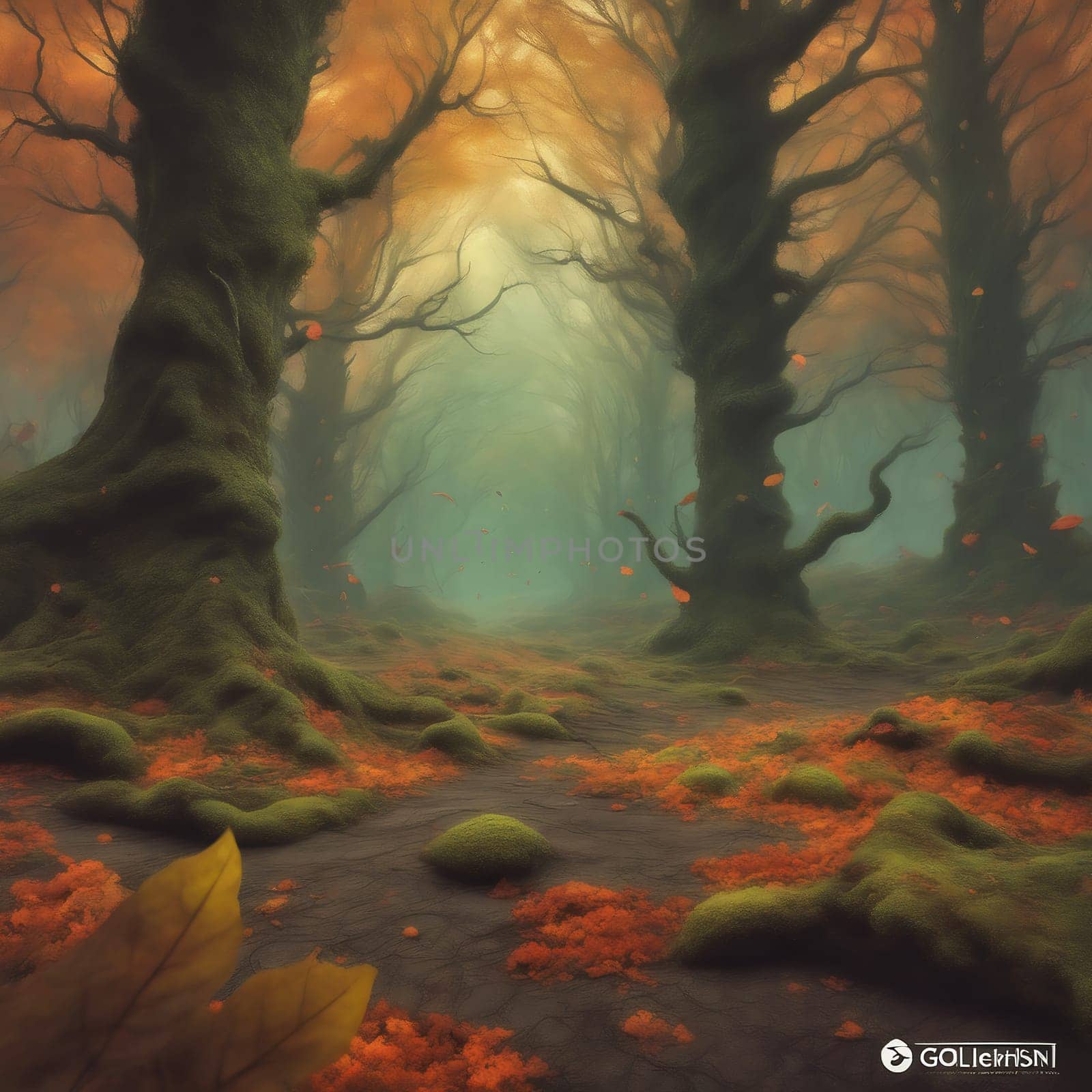 Enchanted forest with fantasy mushrooms. Green moss forest floor with enchanted trees. Mystical AI generated image