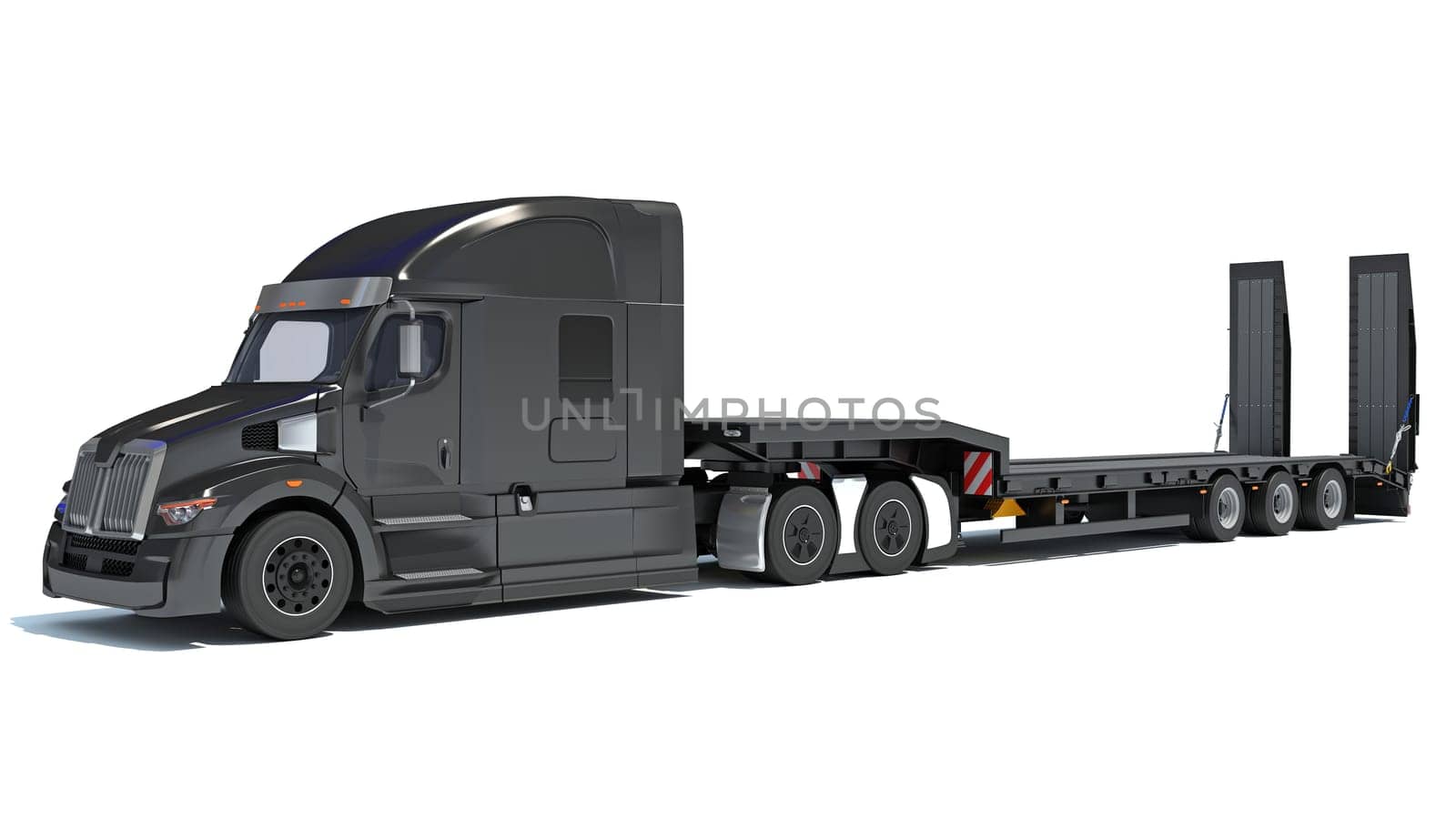 Truck with flatbed trailer 3D rendering model on white background