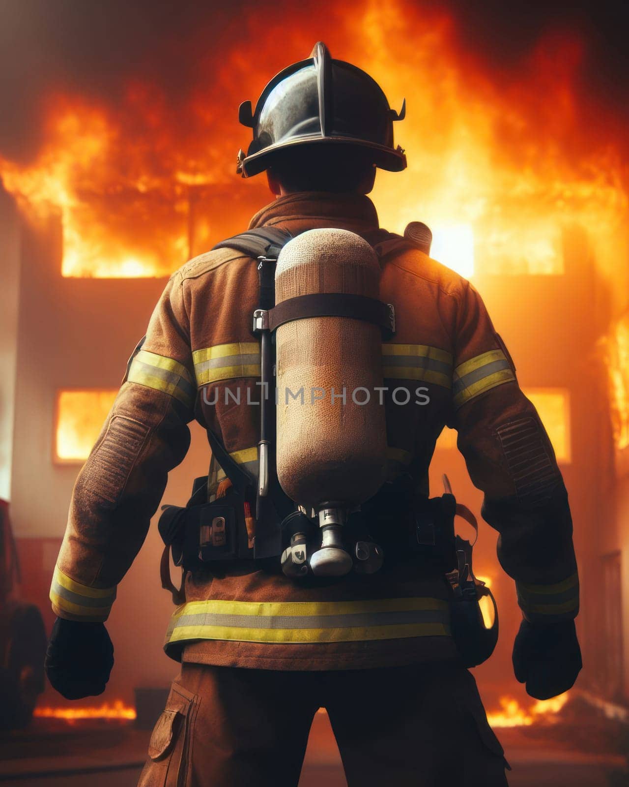 brave firefighters confronts a building on fire and is a blazing inferno generative ai