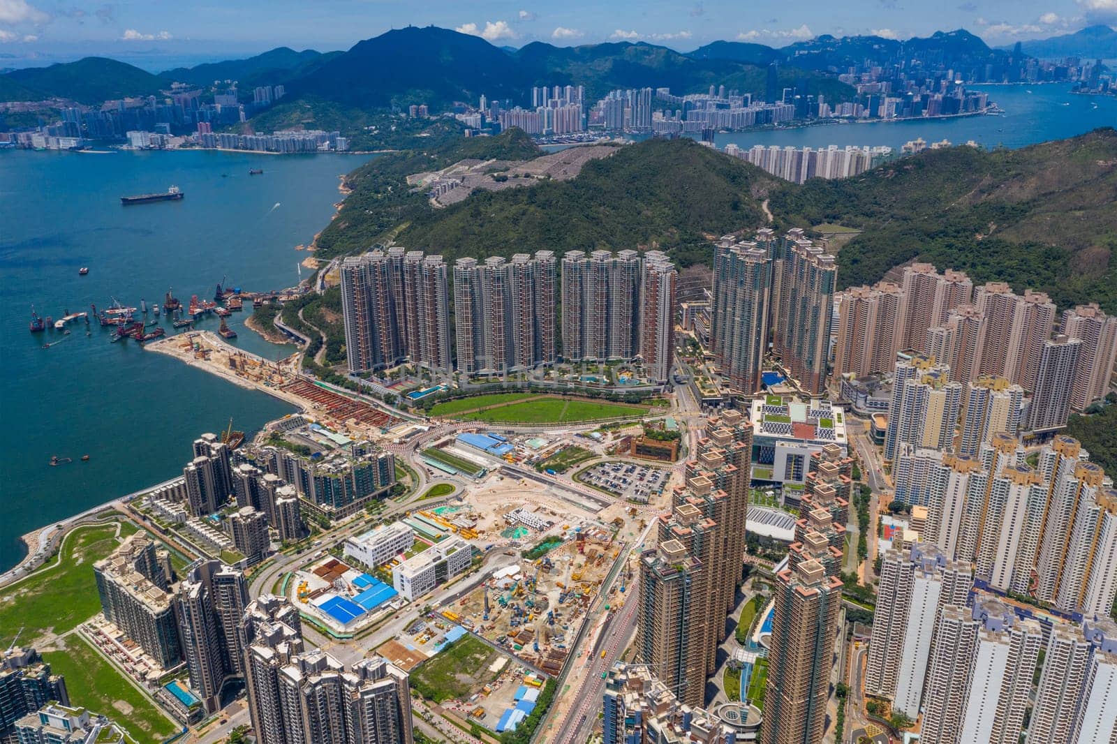 Tseung Kwan O, Hong Kong 12 June 2020: Drone fly over Hong Kong city
