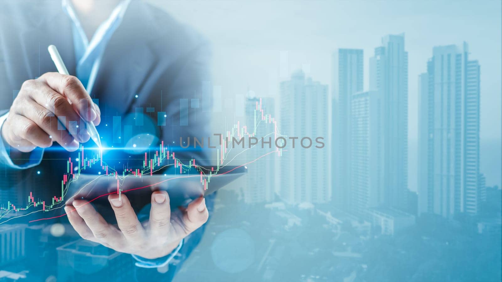 Stock market, Business growth, progress or success concept. Businessman or trader is showing a growing virtual hologram stock, invest in trading.