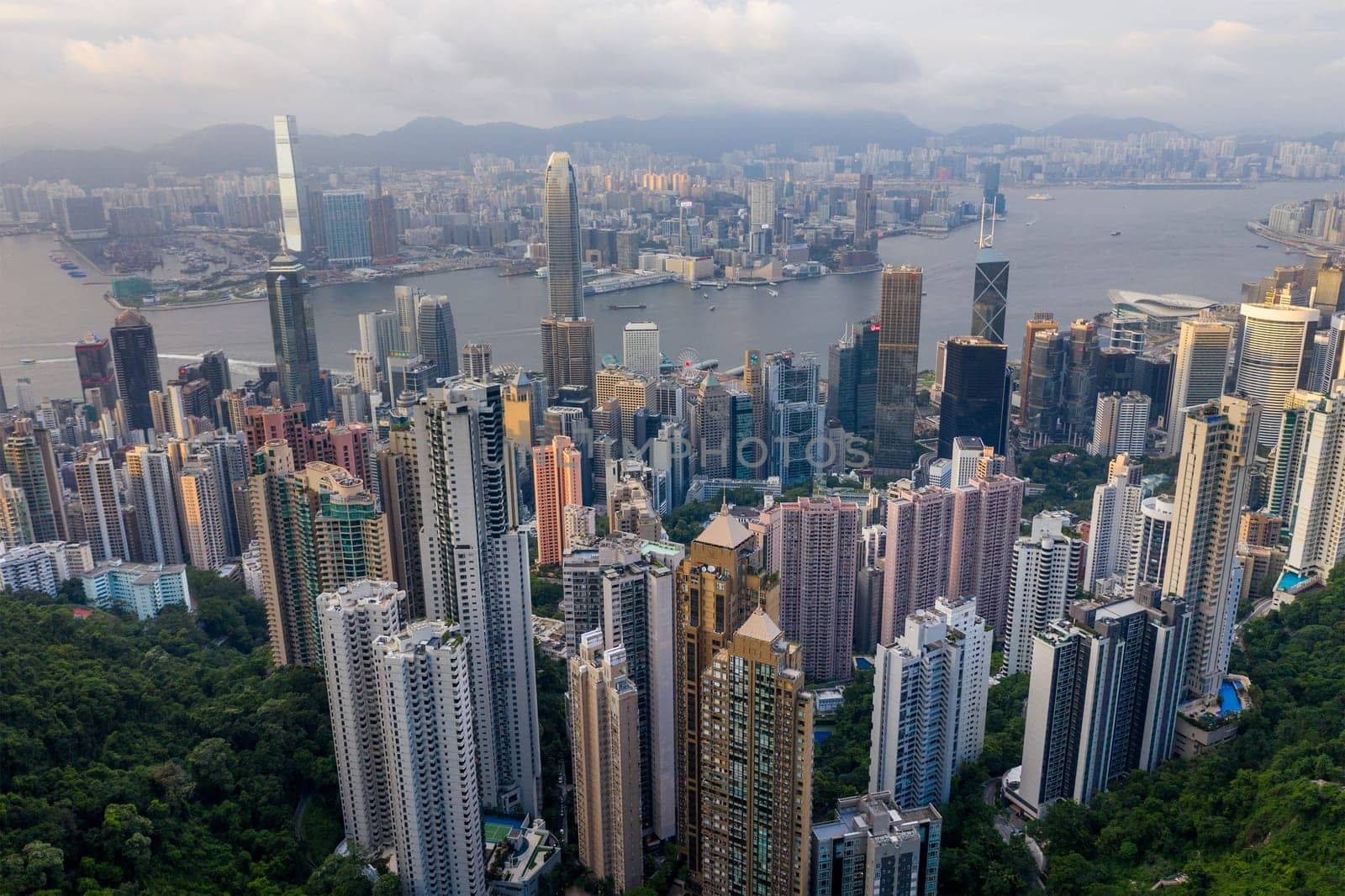 Central, Hong Kong 30 July 2020: Top view of Hong Kong city