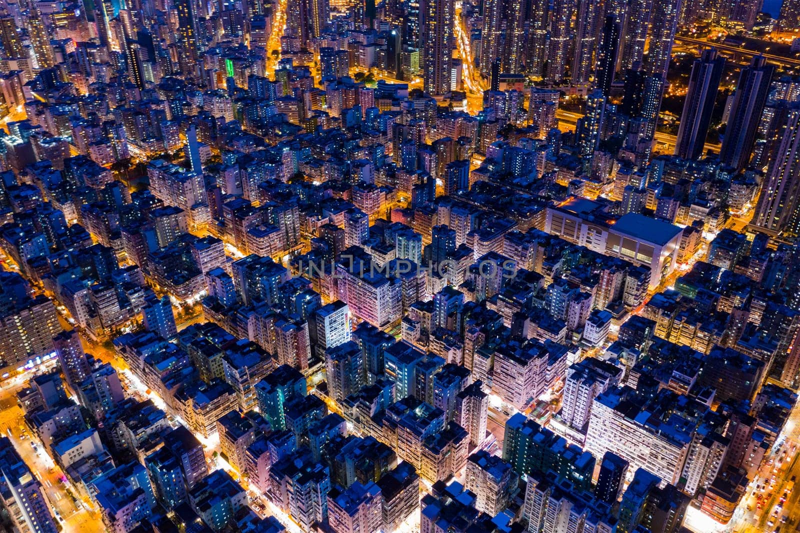 Sham Shui Po, Hong Kong 06 August 2020: Top view of Hong Kong city at night