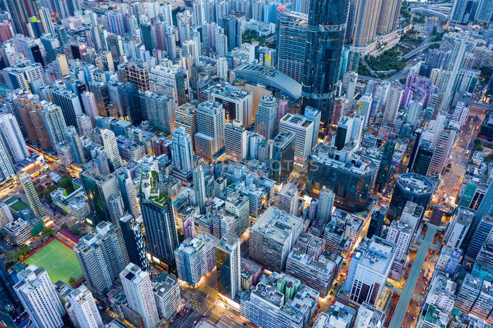 Mong Kok, Hong Kong 26 July 2020: Top view of Hong Kong city at evening