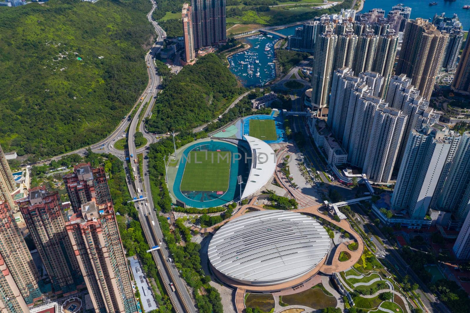 Tseung Kwan O, Hong Kong 09 August 2020: Top view of Hong Kong city