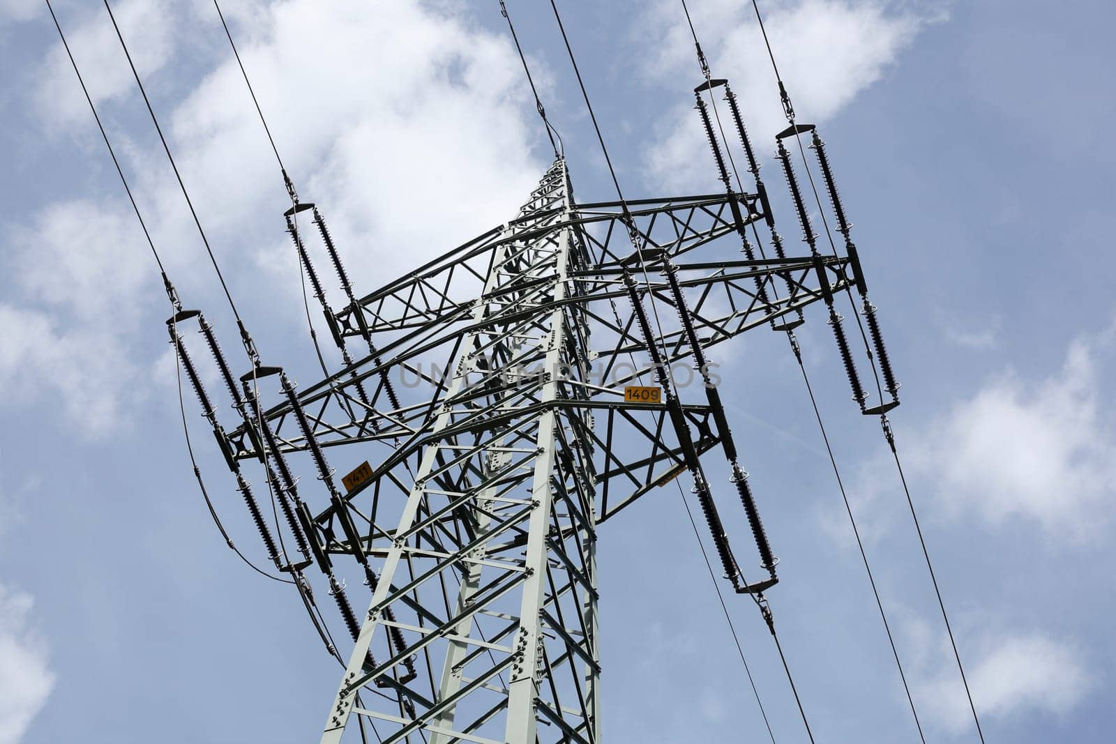 Power pole, blue sky, frog perspective, Garmisch-Partenkirchen, Upper Bavaria, Bavaria, Germany