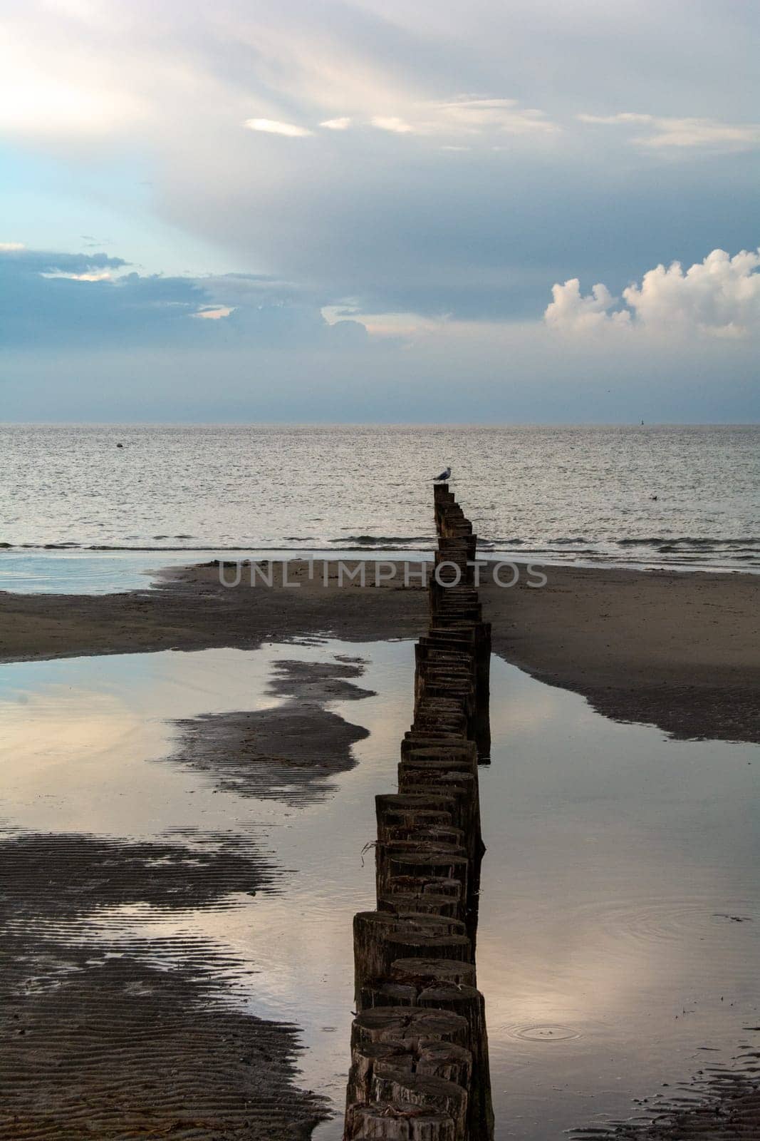 Breakwater on the Baltic Sea coast at low tide with sky and clouds