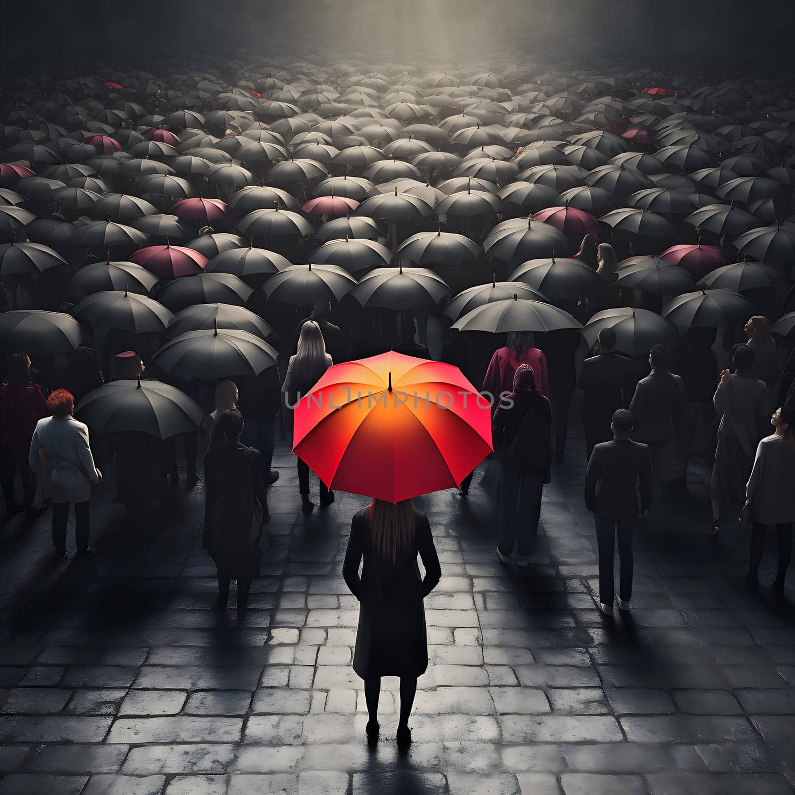 A colorful umbrella in a group of black umbrellas generated by artificial intelligence