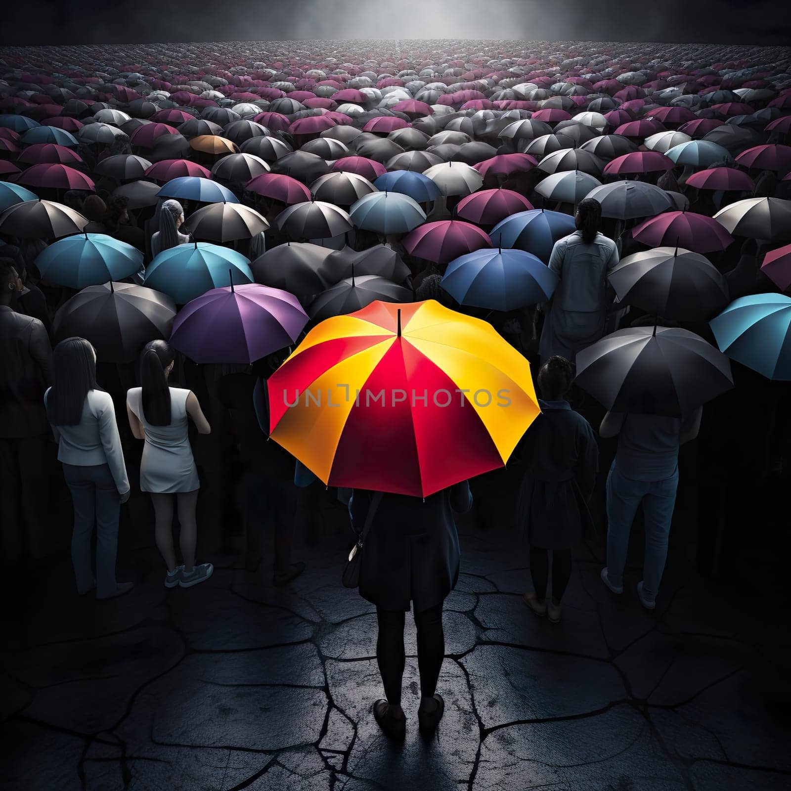 A colorful umbrella in a group of black umbrellas generated by artificial intelligence