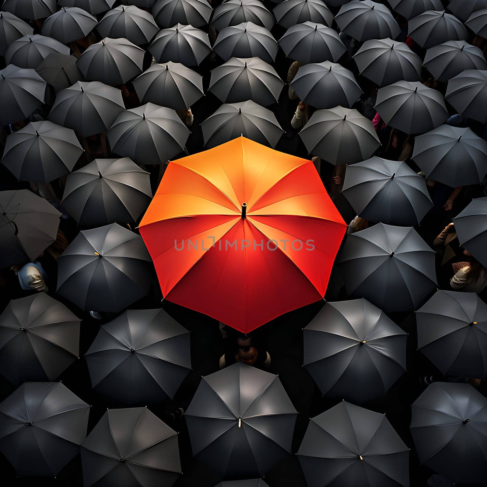 A colorful umbrella in a group of black umbrellas generated by artificial intelligence