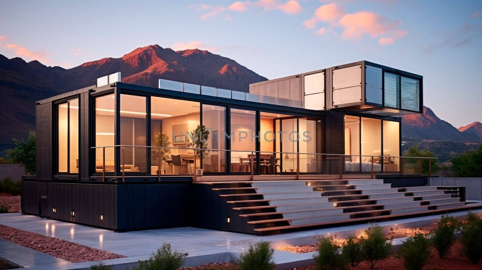 Exterior front view of modern cubic design house made from shipping containers. Modern metal and glass building with a mountains background. AI generated
