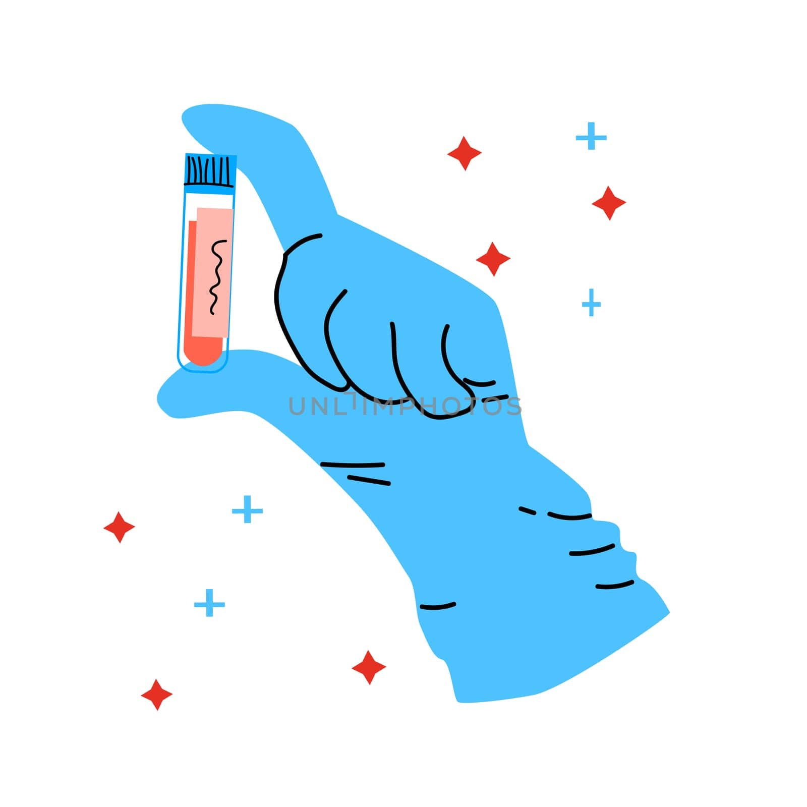 Hand holding medical blood tube - cartoon background. Vector illustration isolated. Flat design. hand in medical gloves.