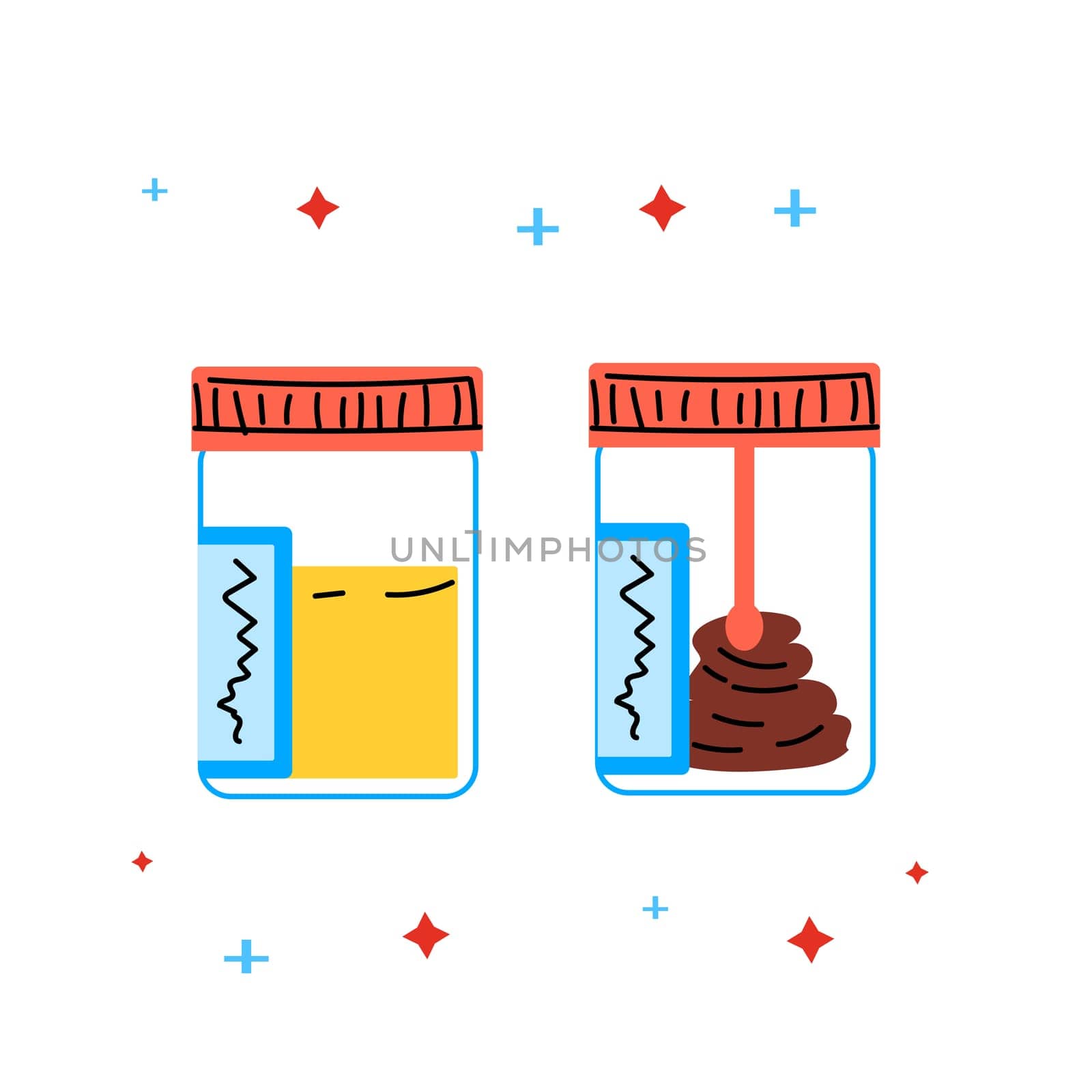 cartoon analyses jars for medical background. Vector illustration of stool and urine jars.