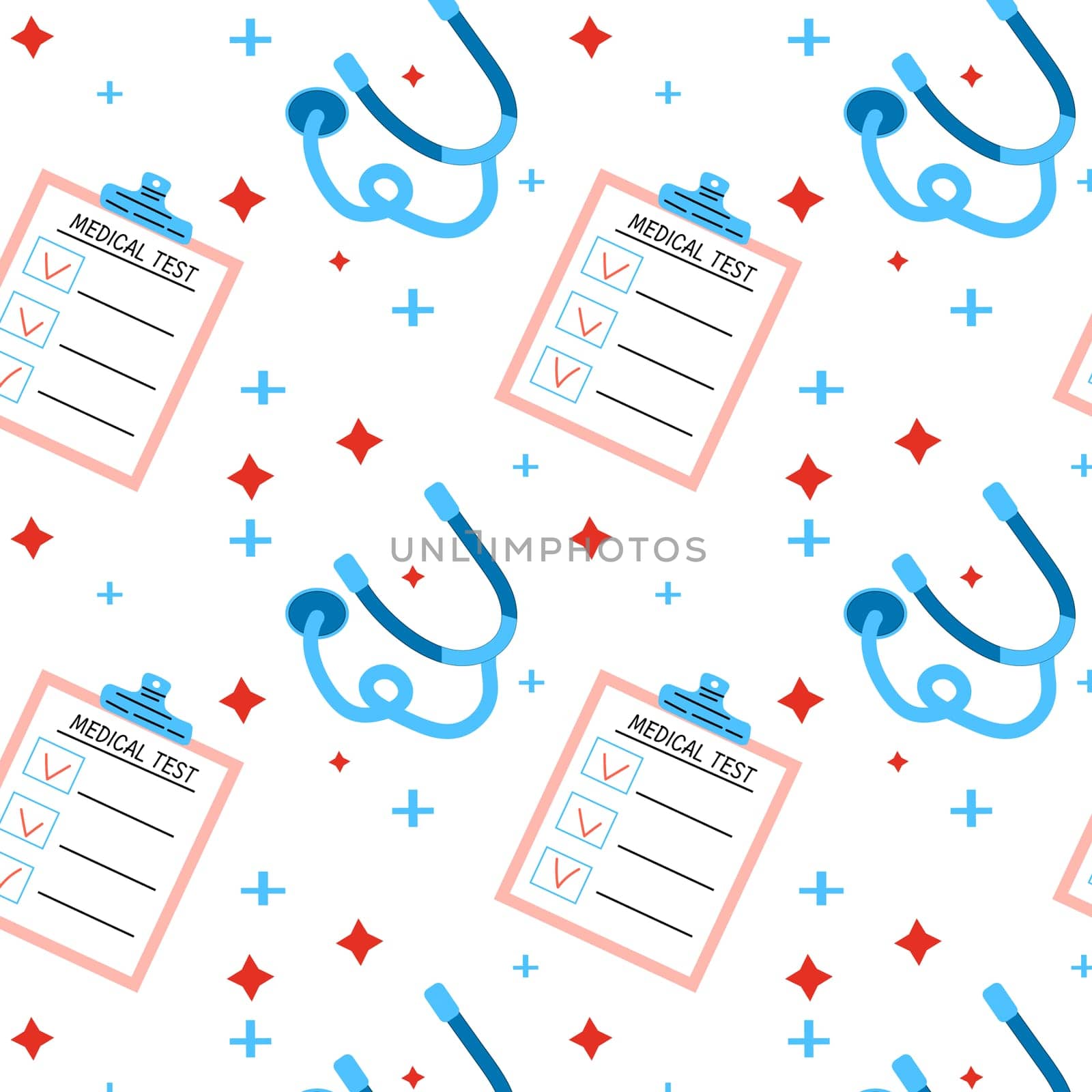 seamless medical background, pattern with checklist and stethoscope. Vector illustration isolated. Vector can used for wrapping paper, textile, poster, greeting card.