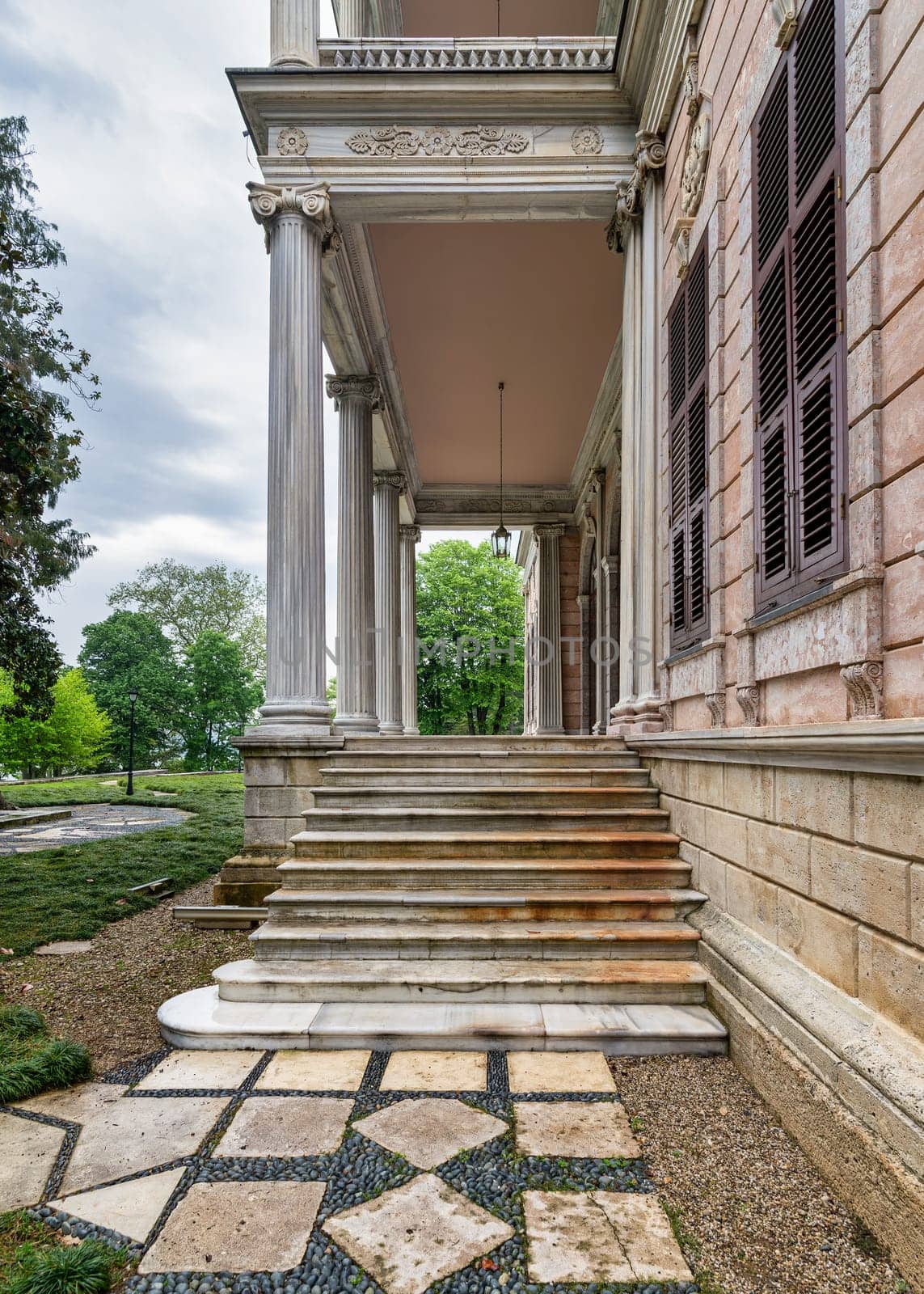 Side staircase of the Beykoz Mecidiye Kasri, or Mecidiye Pavilion, a 19th century Ottoman palace on the shores of the Bosphorus Strait in Istanbul, Turkey
