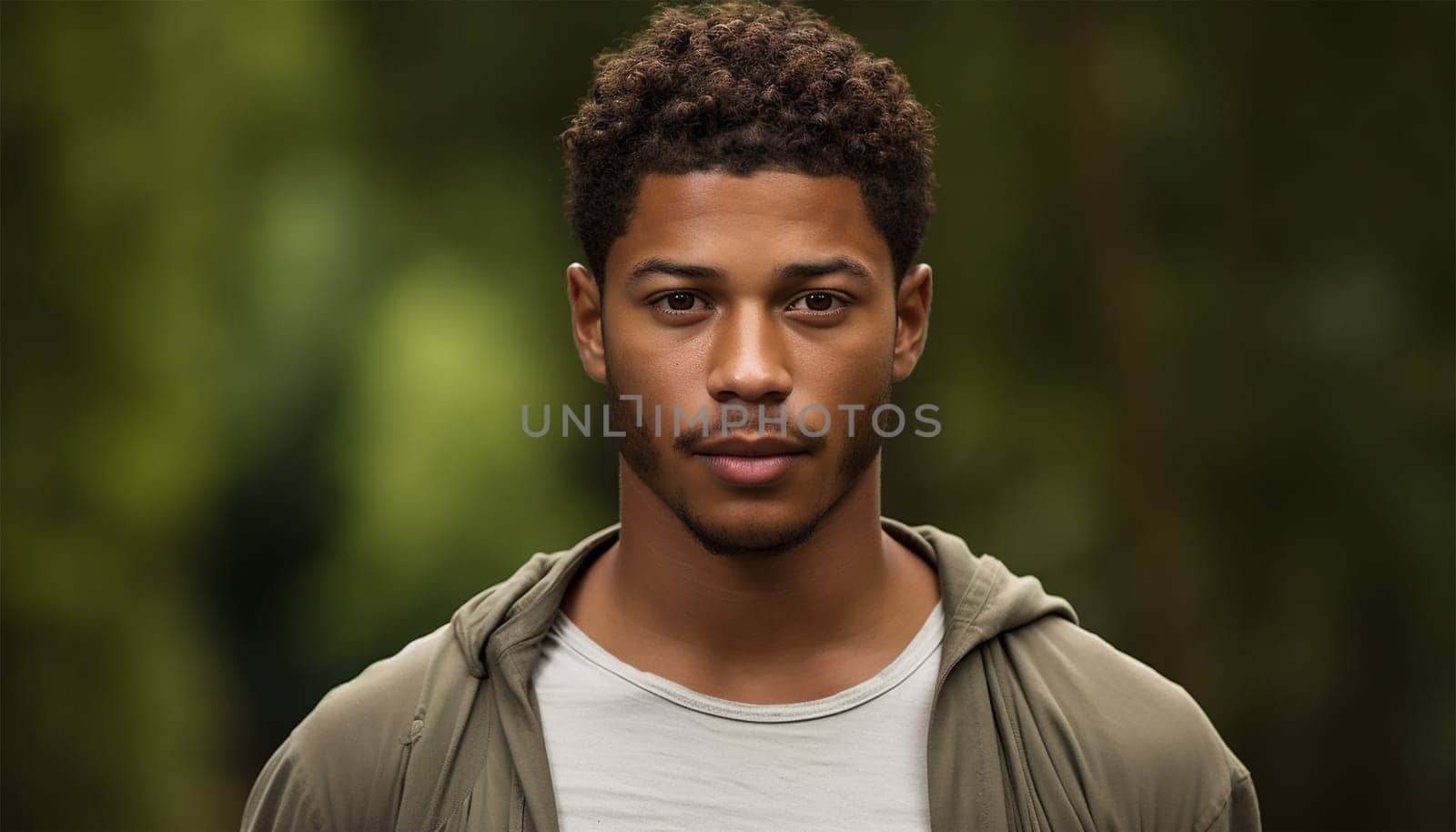 Happy young African American man portrait in a green park in the spring. Satisfied black man breathing fresh air with eyes closed standing in the park outdoors. Copy space