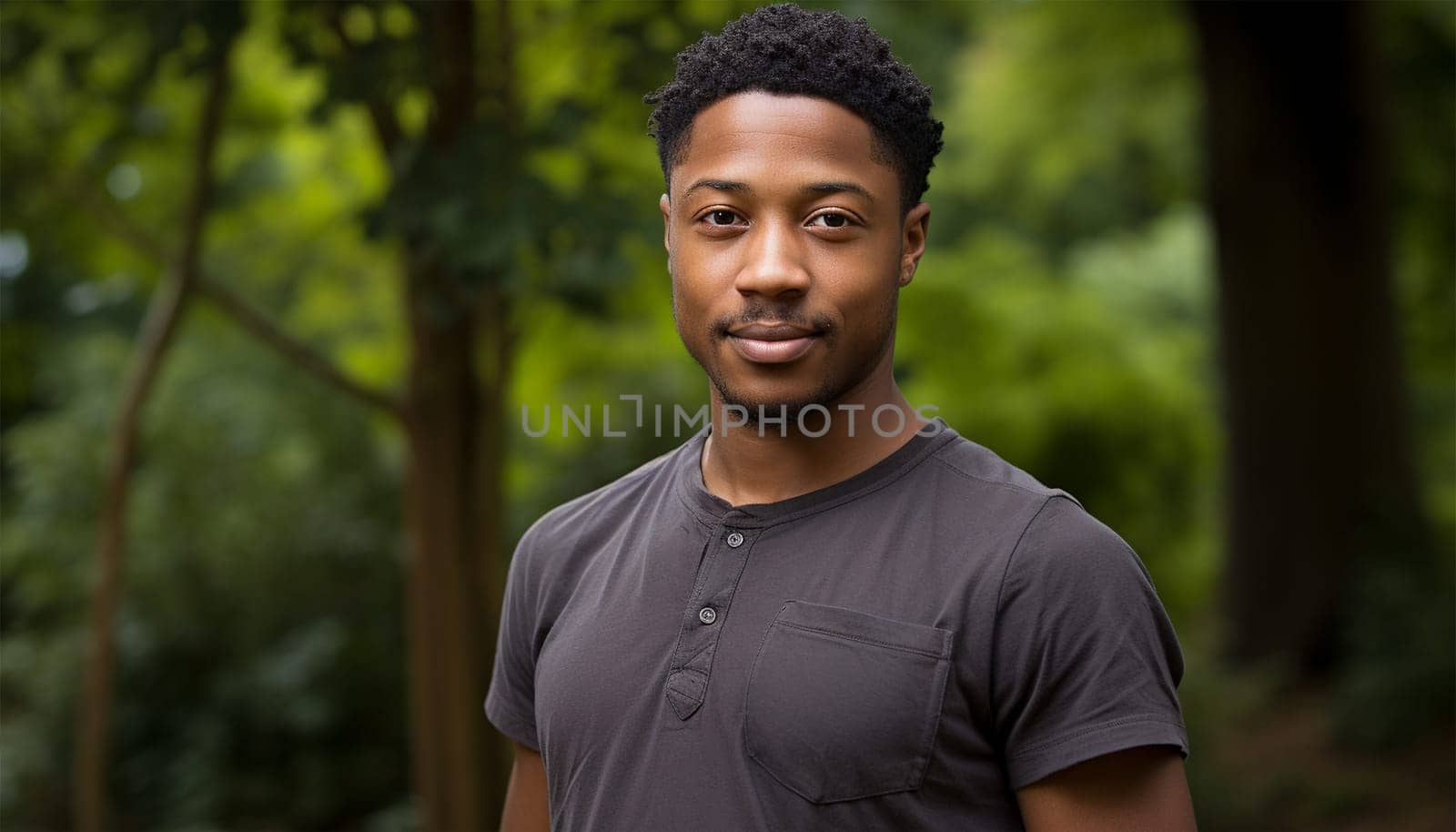 Happy young African American man portrait in a green park in the spring. Satisfied black man breathing fresh air with eyes closed standing in the park outdoors. Copy space