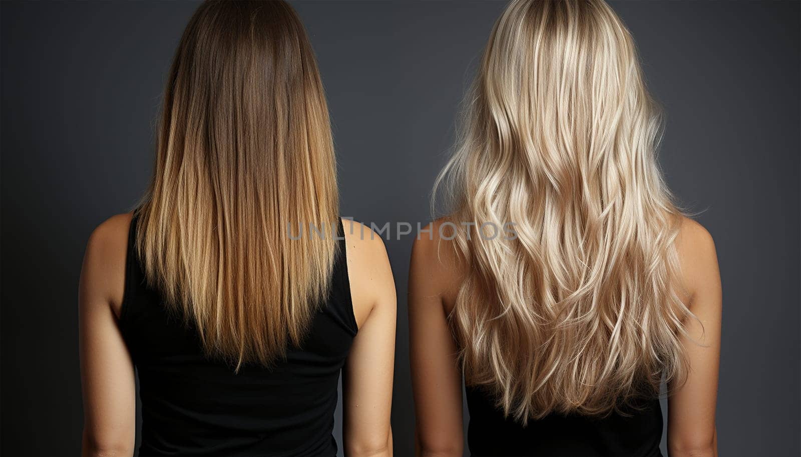 Woman before and after hair extensions on white background. Hair extension, beauty, tress, hair growth, styling, salon concept. Length and volume. Beauty hair treatment concept hair salon