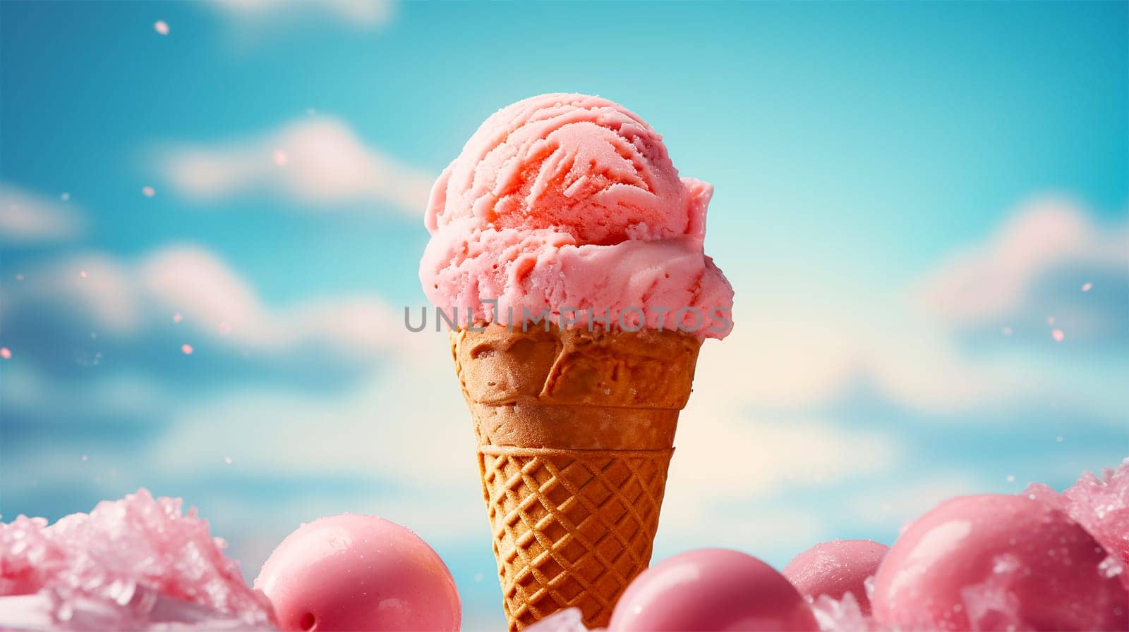 Ice cream cones in summer sky on a tropical beach. delicious ice cream. Lolli ice, cones with different topping, fruit, chocolate and vanilla ice-cream on blue sky background Copy space Holiday concept Space for text