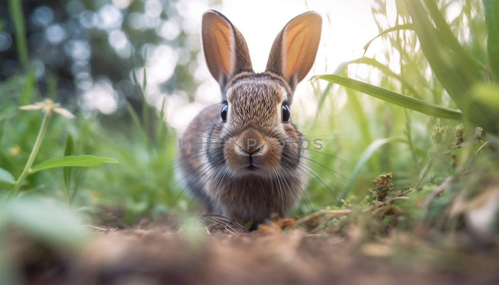 Healthy lovely baby bunny Easter brown rabbit on green garden nature background. Cute fluffy rabbit, animal symbol of Easter day festival. In fresh green grass in the spring beauty