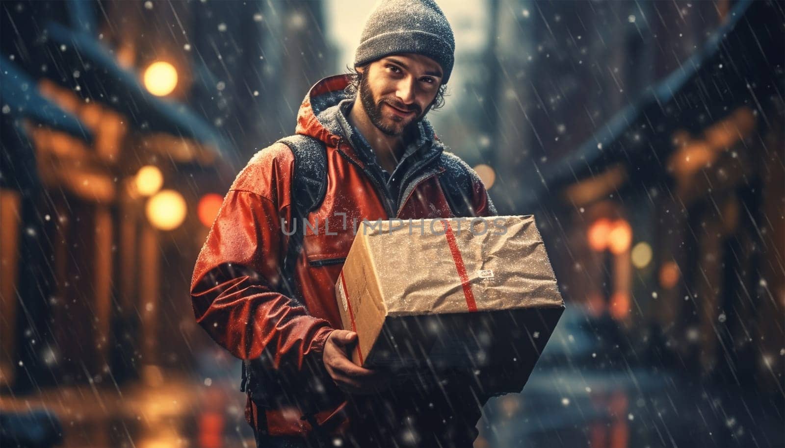 Delivery service concept. Man courier, contrary to weather conditions, delivers package to customer. character in raincoat, special backpack guided by map in phone goes to destination. Delivery boy in the rain with package in the city