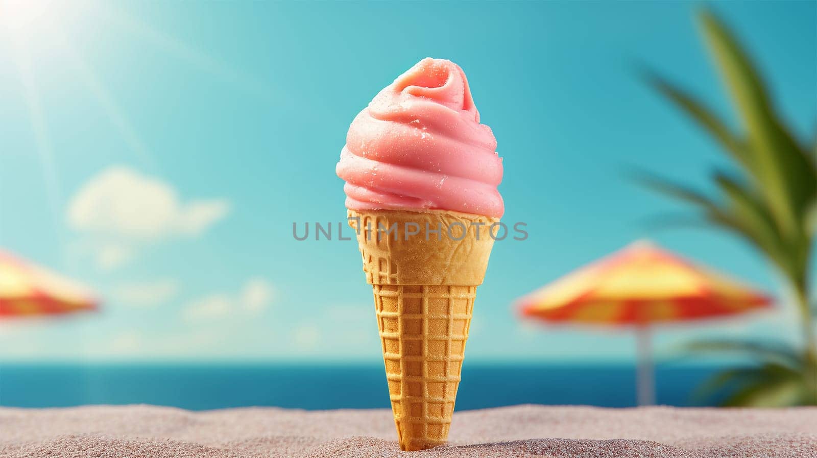 Ice cream cones in summer sky on a tropical beach. delicious ice cream. Lolli ice, cones with different topping, fruit, chocolate and vanilla ice-cream on blue sky background Copy space Holiday concept Space for text