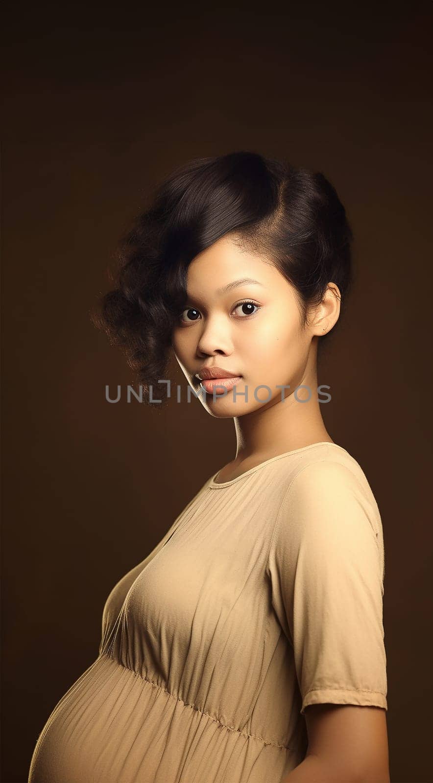 African American pregnant woman. Beautiful pregnant black woman hugging her tummy, enjoying her pregnancy, free space. Side view of African American expecting lady standing next to window at home, touching her big belly beauty shot