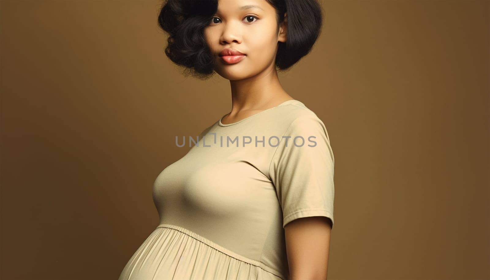 Pregnant Asian woman concept. Maternity photography. Beautiful natural woman holding her pregnant belly happy portrait
