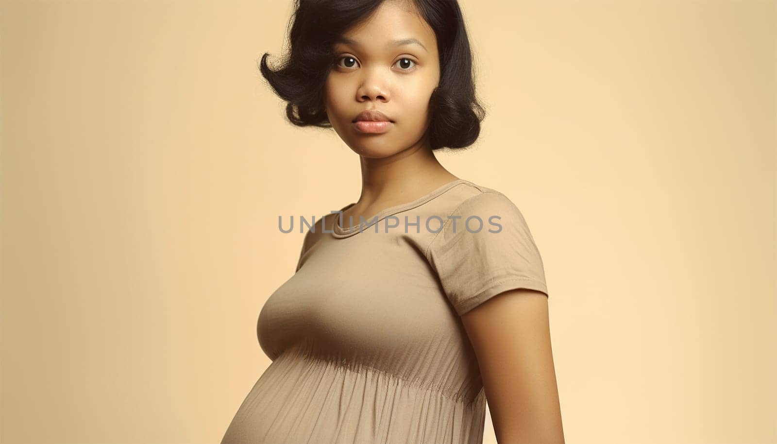 Pregnant Asian woman concept. Maternity photography. Beautiful natural woman holding her pregnant belly happy portrait