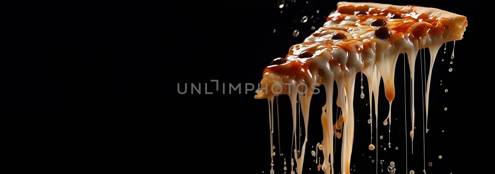 Pizza slice with melted cheese dripping. Large Pepperoni and Mozzarella Pizza on black table, top view, copy space. Delicious fresh baked pizza. Space for text