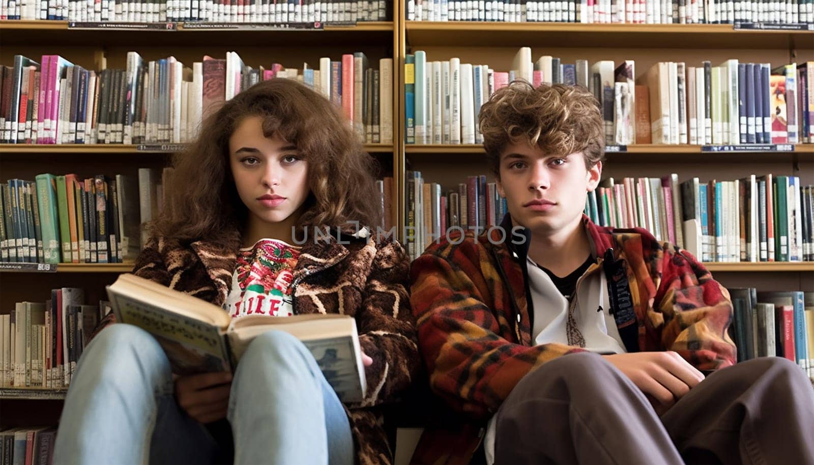 Multi-ethnic Education, books or students reading in a library for group learning development or growth. Storytelling, kids or happy children talking together for knowledge on funny fantasy stories at school portrait