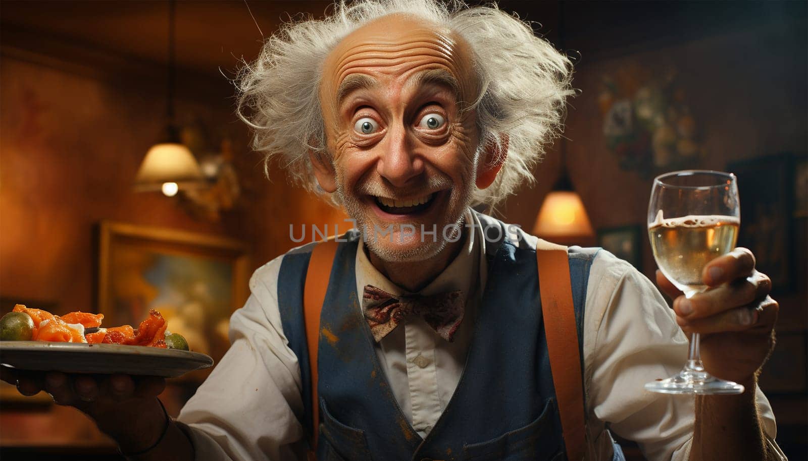 Funny old waiter standing in restaurant. Grey haired waiter man wearing uniform and holding stray with food and drinks. Fun design for café business concept. service